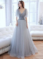 Light Grey A-line Tulle Long Evening Dress Prom Dress