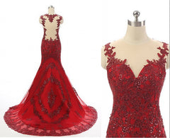 Vestido de fiesta largo de sirena color rojo vino con apliques de encaje