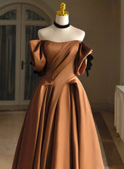 A-line Brown Satin Off Shoulder Scoop Long Prom Dress