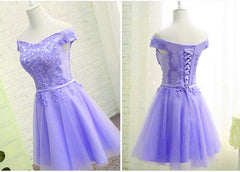 Purple Short Sleeves Lace Off Shoulder Party Dress