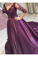 Purple Satin 1/2 Sleeves Lace Top Long Formal Dress