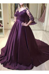 Purple Satin 1/2 Sleeves Lace Top Long Formal Dress
