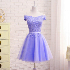 Purple Short Sleeves Lace Off Shoulder Party Dress