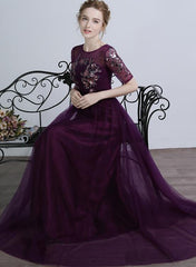 Dark Purple Short Sleeves Tulle with Sequins Applique Party Dress