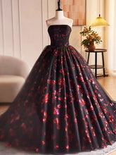 Vestido de fiesta con flores negras y rojas, corte A y escote redondo