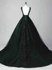 Vestido de fiesta largo glamuroso de tul negro y verde con encaje