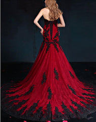 Wine Red Mermaid Long Party Dress with Black Lace