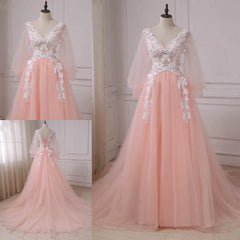 Pink Lace Applique V-neckline Long Prom Dress