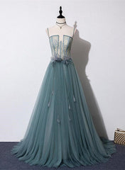 Precioso vestido de fiesta largo sin tirantes con encaje de tul verde, vestido de noche de tul hecho a mano.