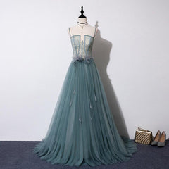 Precioso vestido de fiesta largo sin tirantes con encaje de tul verde, vestido de noche de tul hecho a mano.