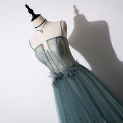 Precioso vestido de fiesta largo sin tirantes con encaje de tul verde, vestido de noche de tul hecho a mano.