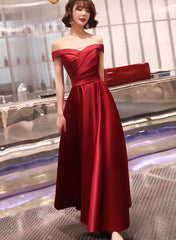 Dark Red Off Shoulder Satin Long Prom Dress
