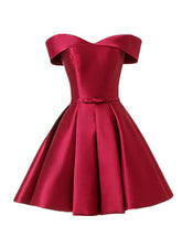 Wine Red Satin Handmade Knee Length Party Dress