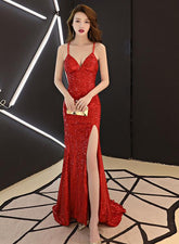 Sexy Sequins Long Slit Cross Back Junior Prom Dress
