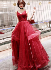 Vestidos de fiesta largos de tul rojo vino con escote en V