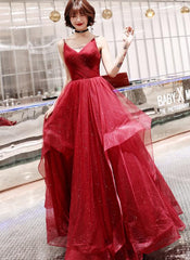 Vestidos de fiesta largos de tul rojo vino con escote en V
