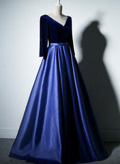 Pretty Royal Blue Long Sleeves Satin with Velvet Party Dress