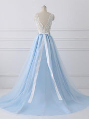 Light Blue Tulle V Back Long Party Dress with Bow
