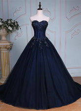 Vestido largo de fiesta de tul con apliques de encaje azul marino
