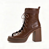 brown leather cross-lace-up platform black ankle boots chunky heel open-toed side zipper high-heeled white boots