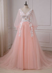 Pink Lace Applique V-neckline Long Prom Dress