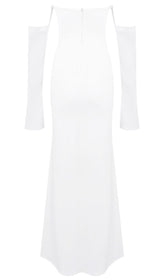 Elegant White Strapless Maxi Dress with Draped Long Sleeves
