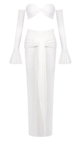 Elegant White Off-Shoulder Bustier Crop Top & Knot Front Maxi Skirt Two-Piece Set