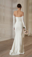 Elegant White Strapless Maxi Dress with Draped Long Sleeves