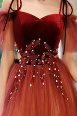 Dark Red Gradient Tulle Off Shoulder Long Party Dress
