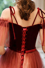 Dark Red Gradient Tulle Off Shoulder Long Party Dress