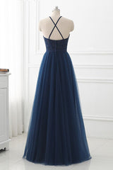 Vestido de fiesta largo de tul azul marino con apliques de encaje