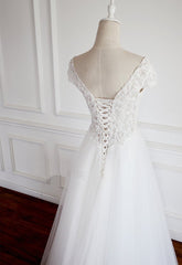 White Lace Cap Sleeves Tulle Floor Length Party Dress