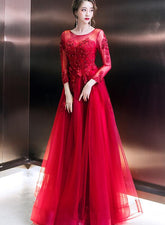 Wine Red Tulle Long Sleeves Lace Applique Party Dress
