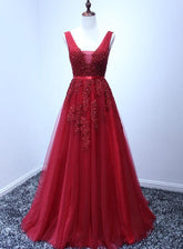 Wine Red V-neckline Tulle Long Prom Dress