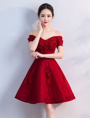 Off Shoulder Wine Red Short Beaded Homecoming Dress