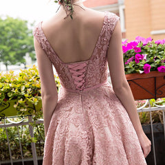 Lindo vestido de fiesta de encaje rosa largo hasta la rodilla