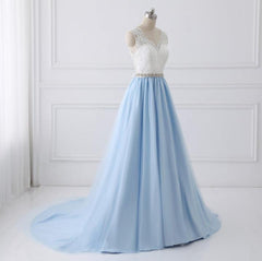 Light Blue Tulle V Back Long Party Dress with Bow