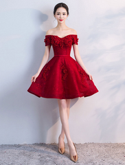 Off Shoulder Wine Red Short Beaded Homecoming Dress