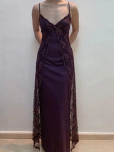 Vestido de fiesta largo con tirantes en forma de A y encaje morado
