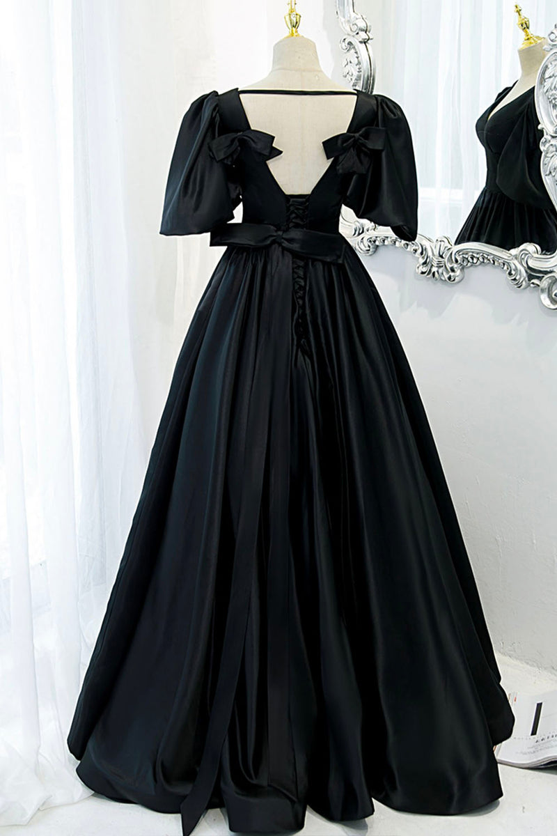 Black Satin Deep V-neckline Long Formal Dress