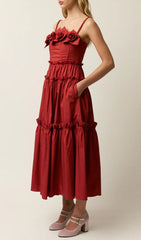 Higgins Vibrant Red Tiered Midi Dress with 3D Floral Bust Appliqus