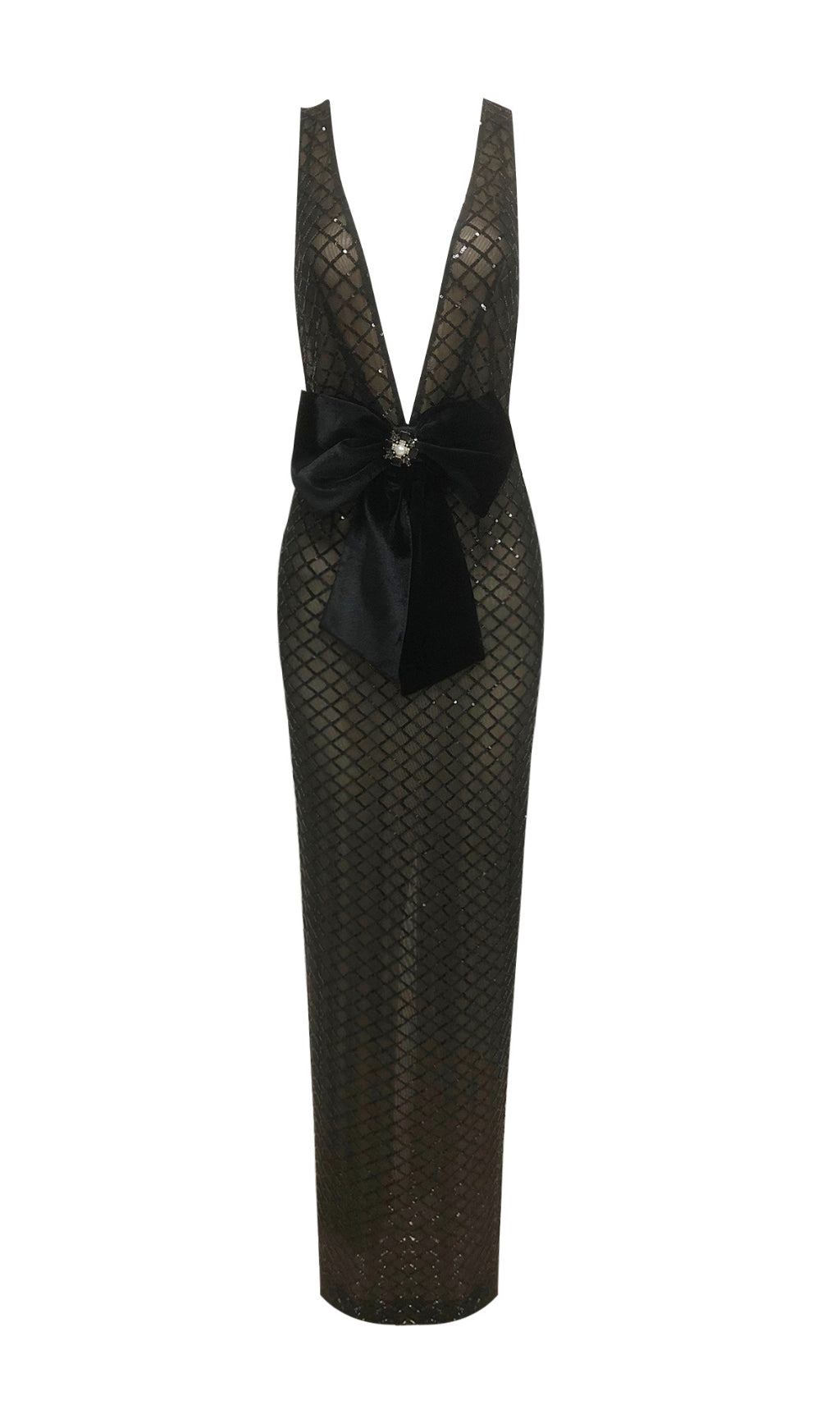 Duaa Black Sequin & Velvet Bow Maxi Dress