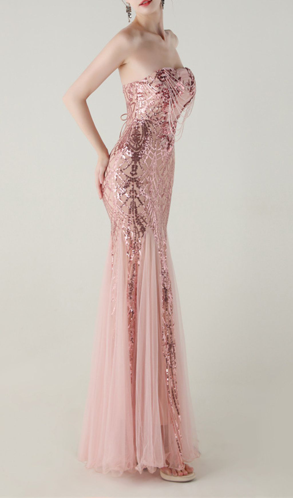 Ikuye Rose Gold Sequin Strapless Mermaid Gown