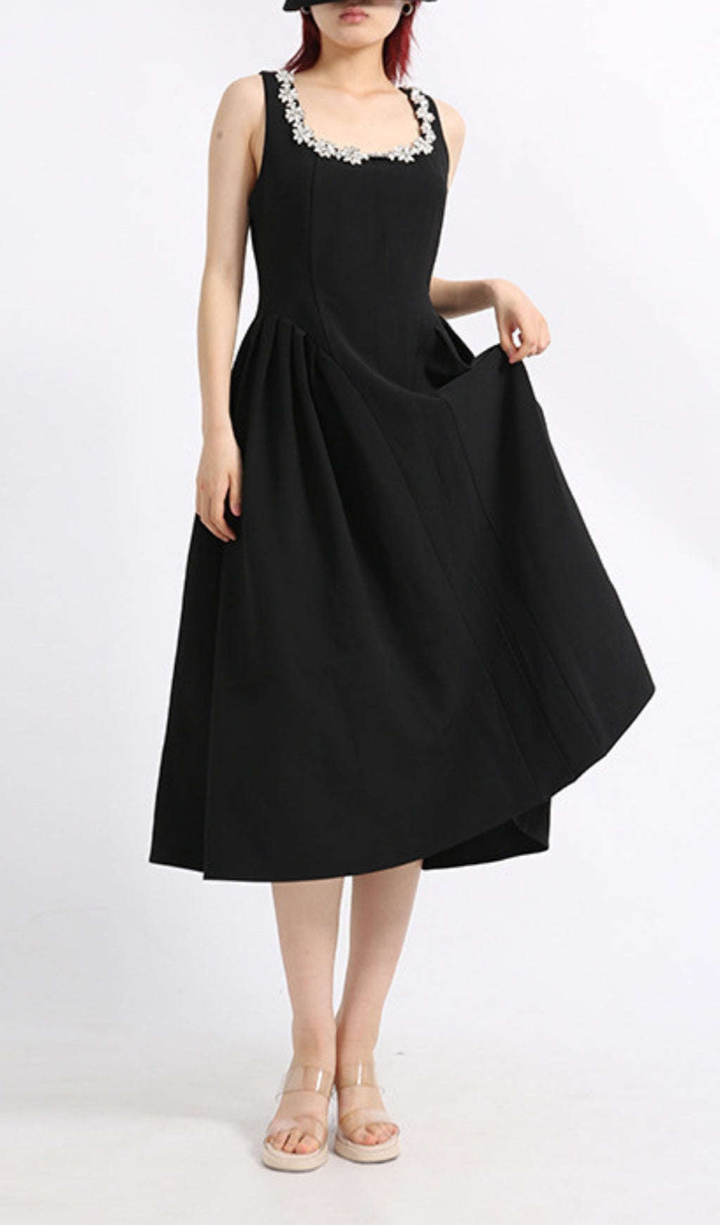 Eylül Crystal Embellished Black Midi Dress for Women