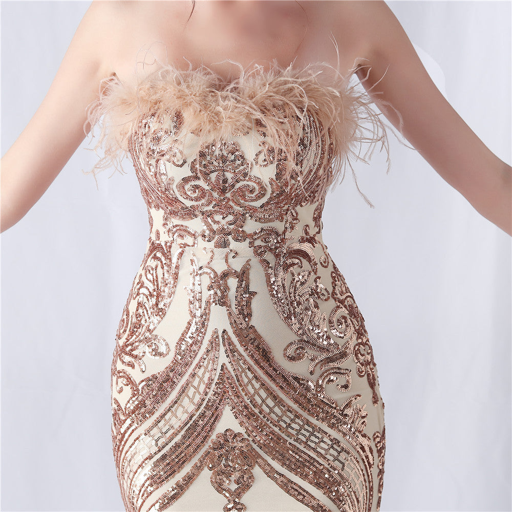 Glamorous Champagne Sequin & Feather Strapless Mermaid Gown