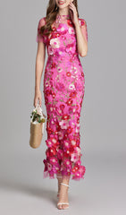 Vibrant Pink 3D Floral Embroidered Mesh Mermaid Midi Dress