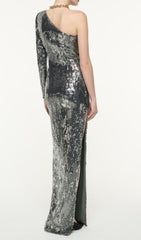 Charlot Glamorous Silver Sequin One-Shoulder Maxi Dress with 3D Floral Appliqu