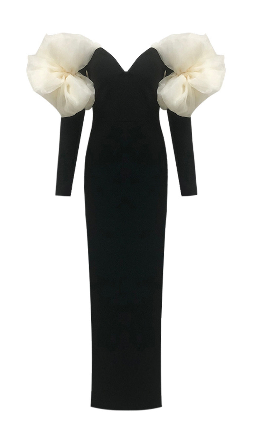 Cezary Black Off-Shoulder Maxi Gown with Sculptural Ruffle Sleeves