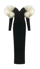 Cezary Black Off-Shoulder Maxi Gown with Sculptural Ruffle Sleeves