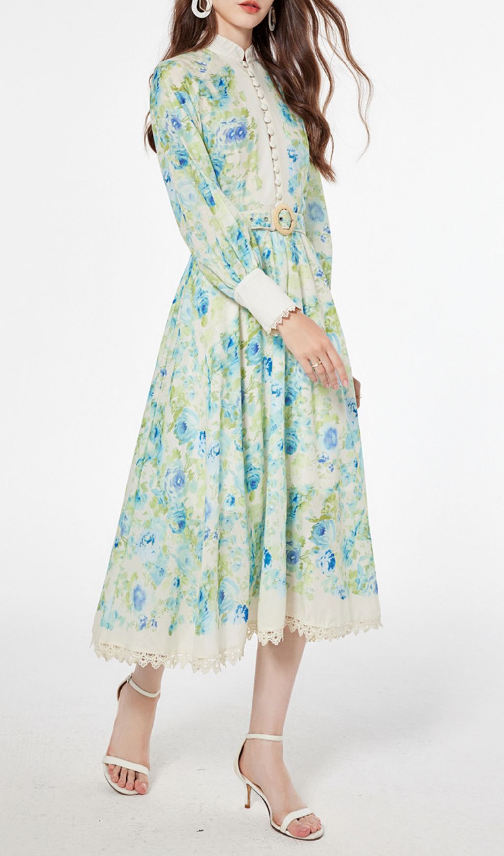 Chic Green & Blue Floral Long Sleeve Midi Dress